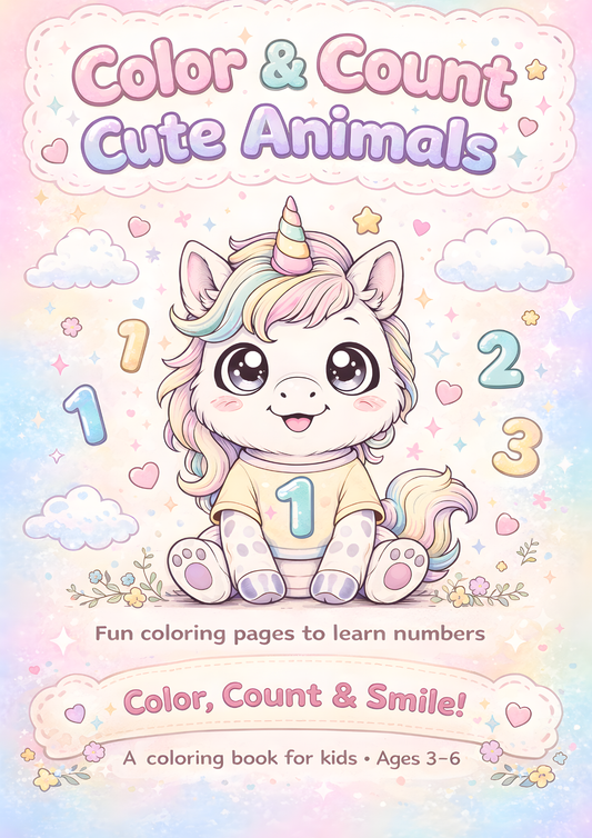 Fun coloring pages for learning numbers - Color &amp; Count Cute Animals